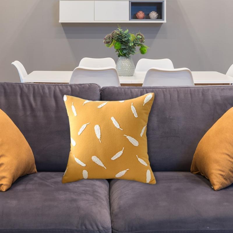 Nordic Yellow Cotton Linen Throw Pillow Case Tufted Embroidery White Feather Pat