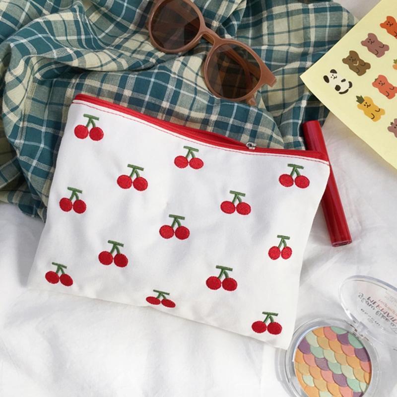 Cute Little Cherry Embroidery Storage Bag with Zipper Coin Lipstick Bags