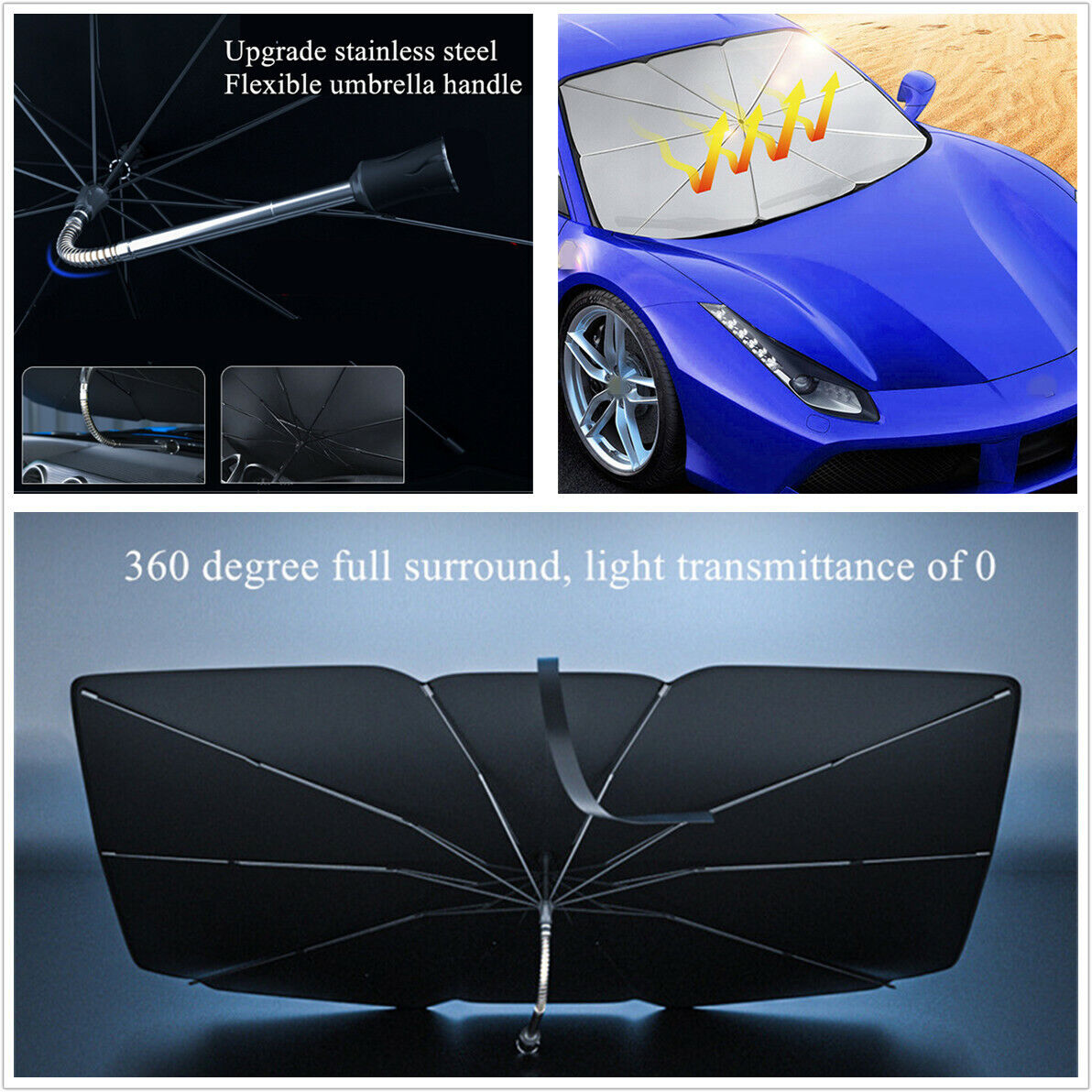 Car Windshield Sun Shade Umbrella w/Free Adjustment Handle 7-Layer UV Blocking