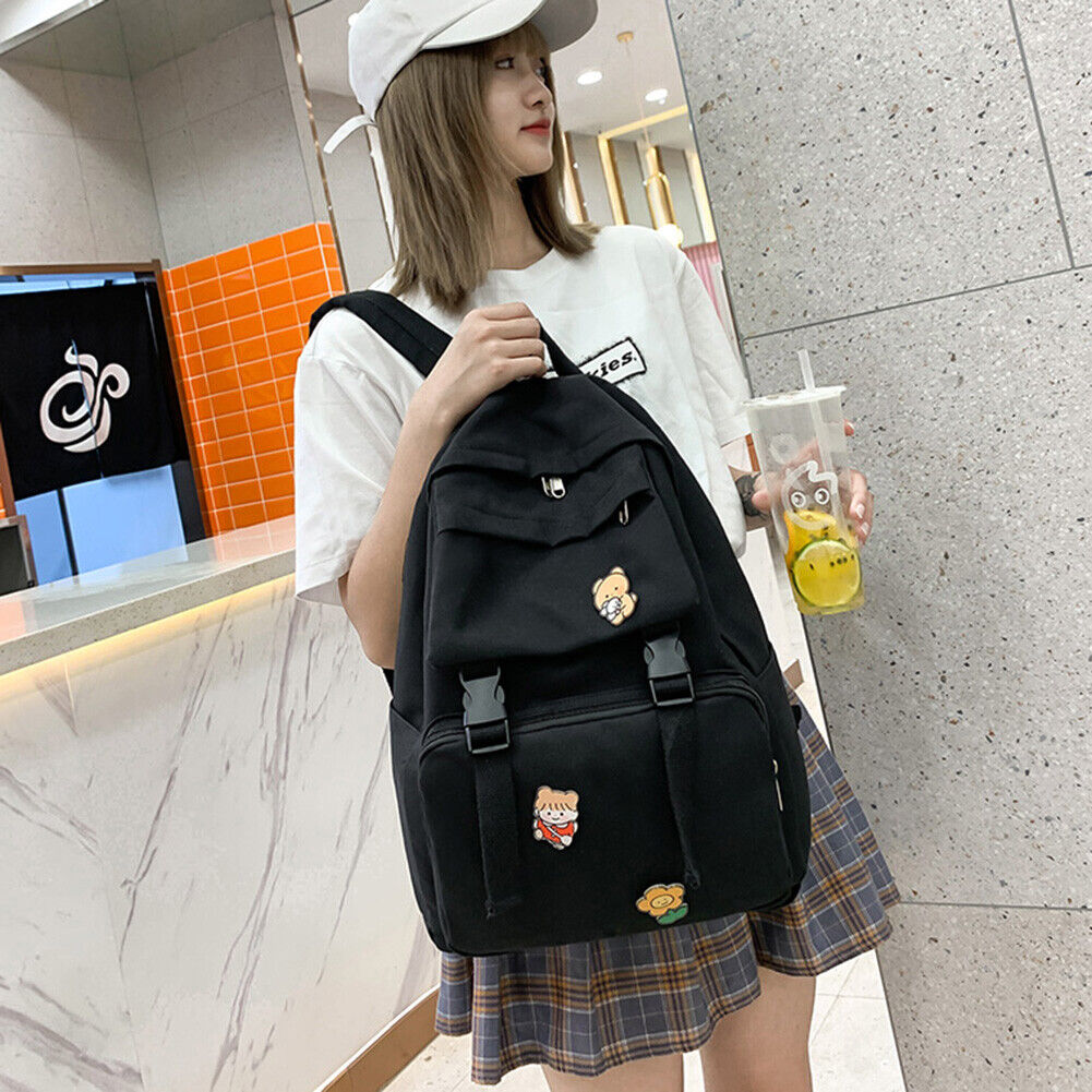 Women Men Canvas Backpack with Badges Travel College Student School Bags
