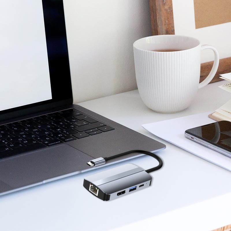 Type C Hub 6 in 1 HDMI-Compatible USB3.0 Splitter 5Gbps PD Rj45 Lan HUB Docking