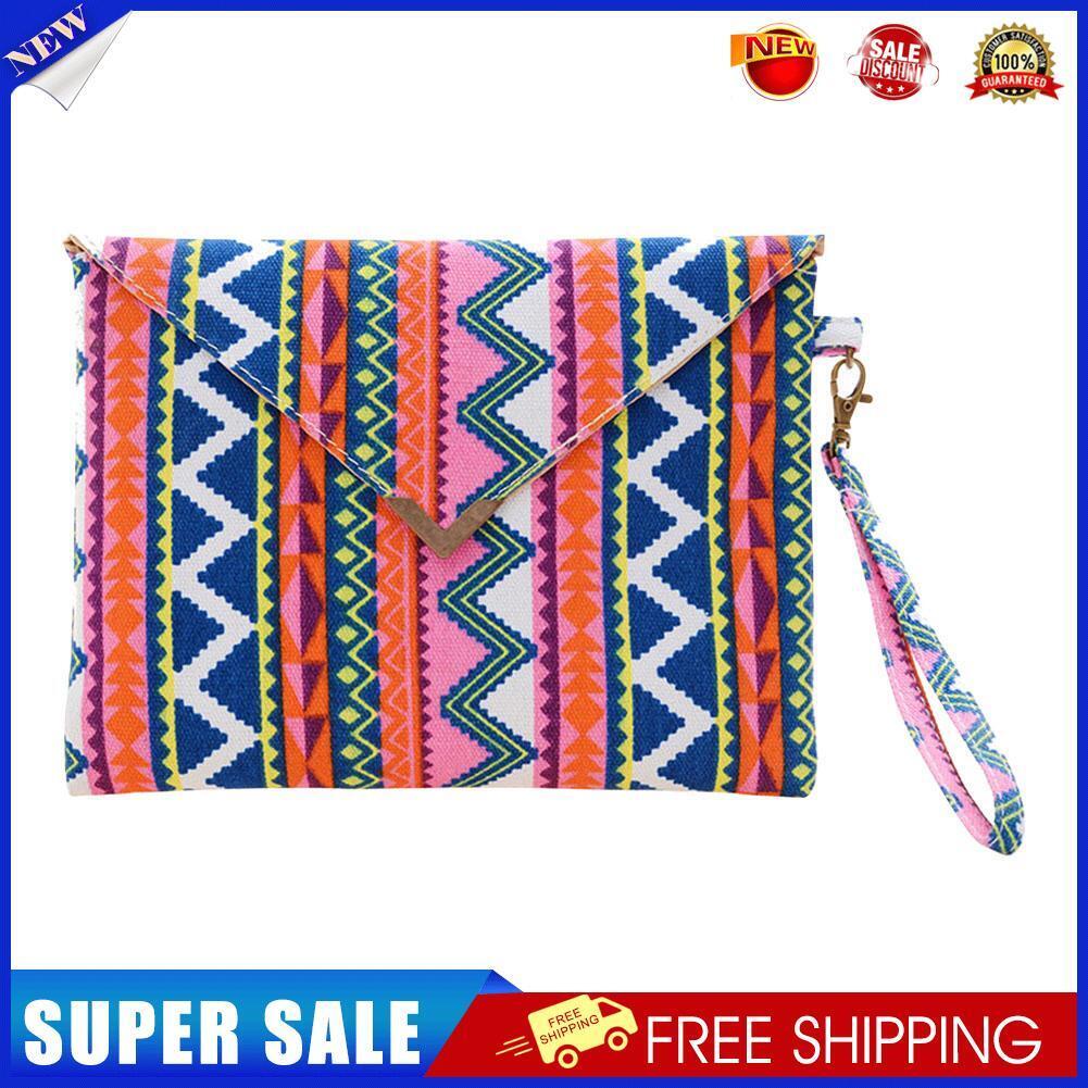 Ethnic Style Women Canvas Print Envelope Wristlet Bag Purse Handbag (Pink)