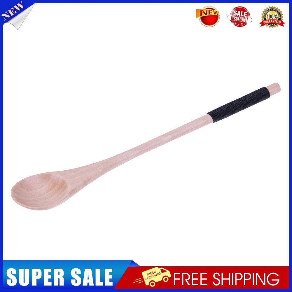 Long Handle Wooden Spoon Dessert Coffee Stirring Spoon(Khaki)(Black thread)