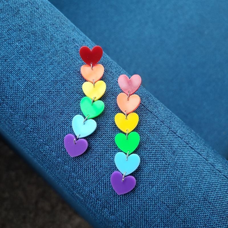 Fashion Rainbow Long Tassel Acrylic Earrings Peach Heart Exaggerated Pendants