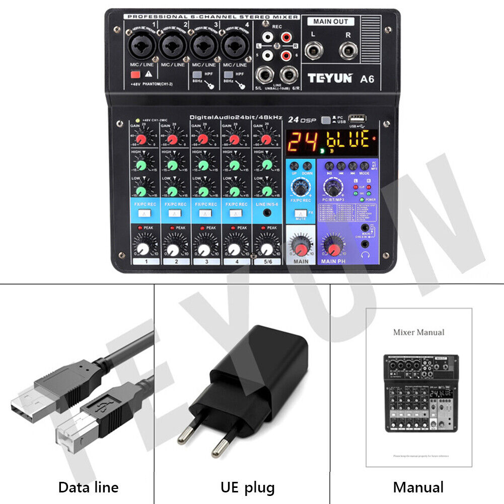 Mixer Sound Mixing Console USB Soundcard DJ Audio 48V Power (6 Channel EU)