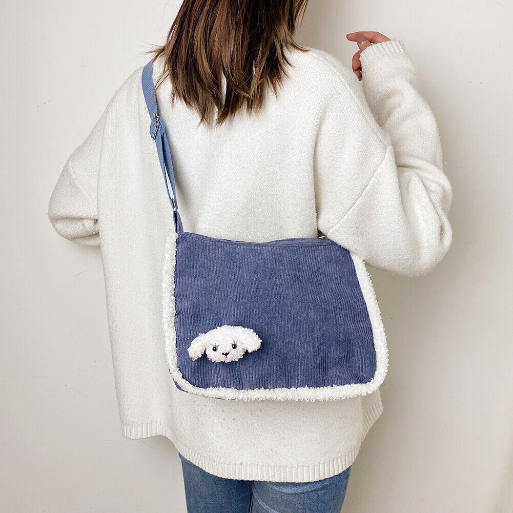 Fashion Big Capacity Crossbody Bag Corduroy Dog Women Shoulder Tote (Blue)