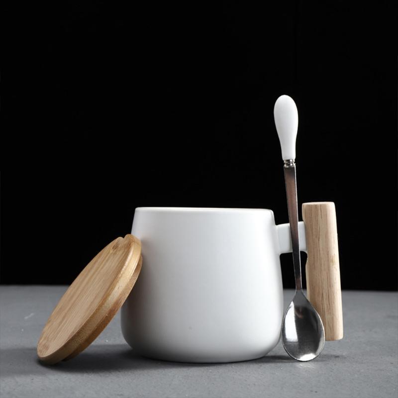 Wooden Handle Ceramic Mug Home Office Tea Milk Coffee Cup with Lid Spoon Teacup