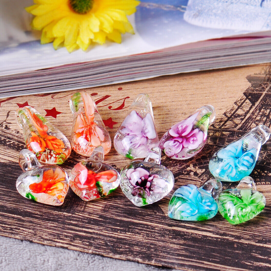 10PCS Heart Murano Drop Flower Lampwork Glass Bead Pendant Necklace Art Women Li