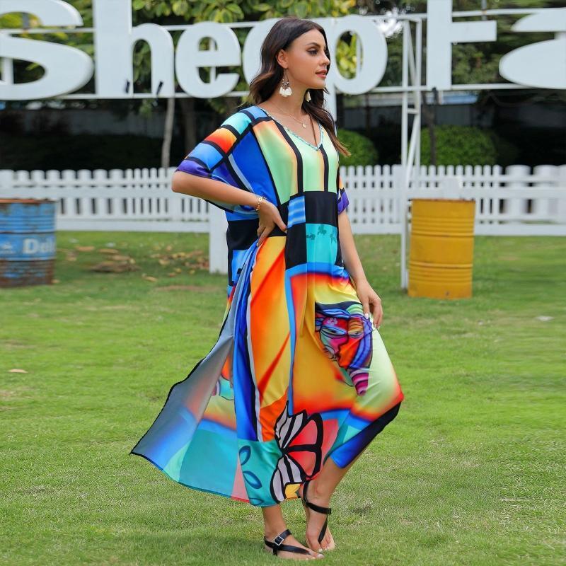 Women Batwing Sleeve Beach Maxi Dress Abstract Face Print Kaftan Bikini Cover Up