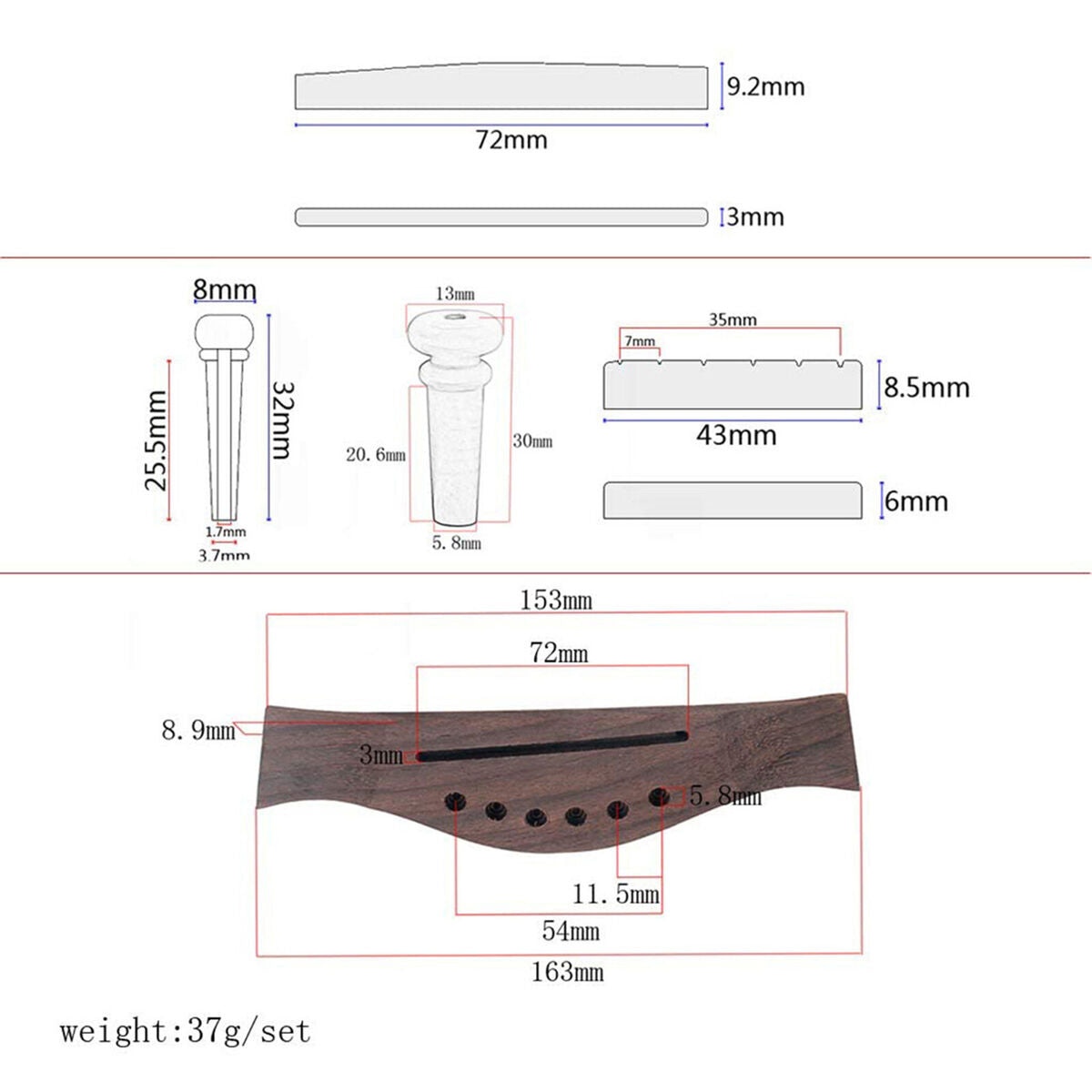 Wooden Classical Guitar Bridge with  Pegs Nut Saddle Repairing Kit