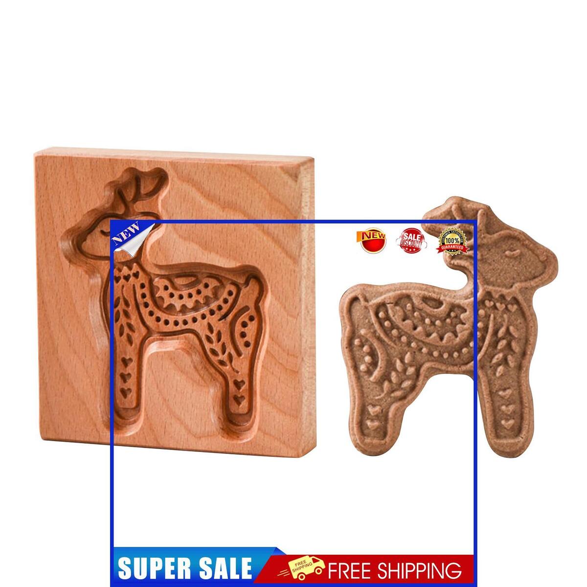 Cookie Mold Cutter - Carved Wooden Gingerbread Cookie Molds for Baking (C)