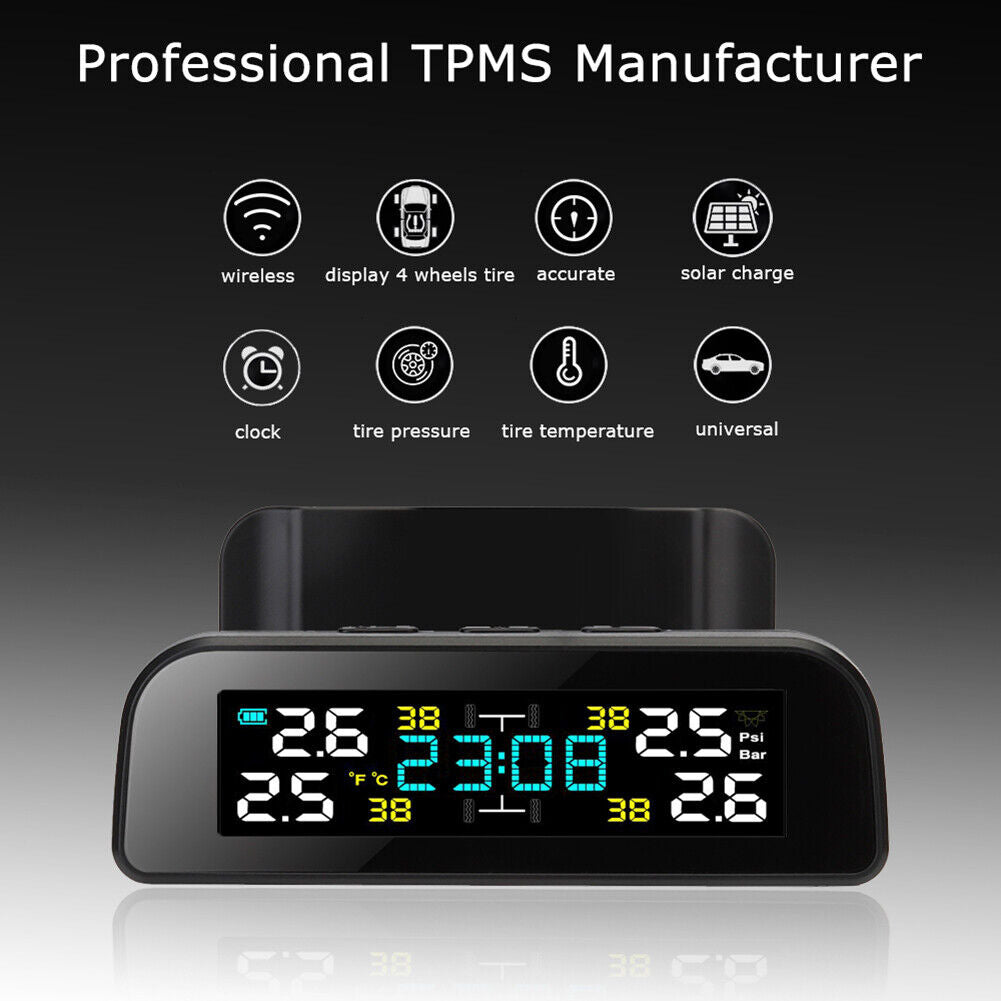 TY17 Car TPMS Solar Auto Tire Pressure Temp Monitoring System with Clock