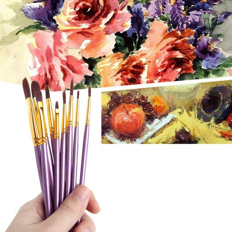 10Pcs Artist Paint Brush Set Nylon Hair Watercolor Acrylic Oil Painting Drawing