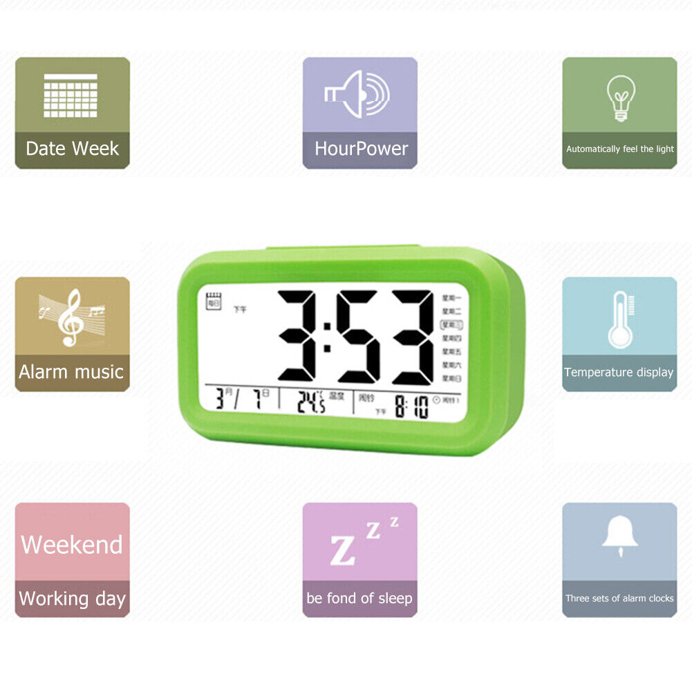 Smart Sensor Alarm Clock Large Screen Display Voice Clock Home Decor (Green