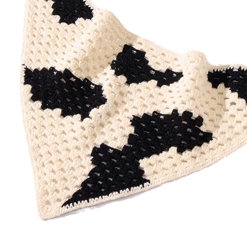 Cow Pattern Knitted Hair Kerchief Crochet Bandana Tie Back Head Wrap for Women