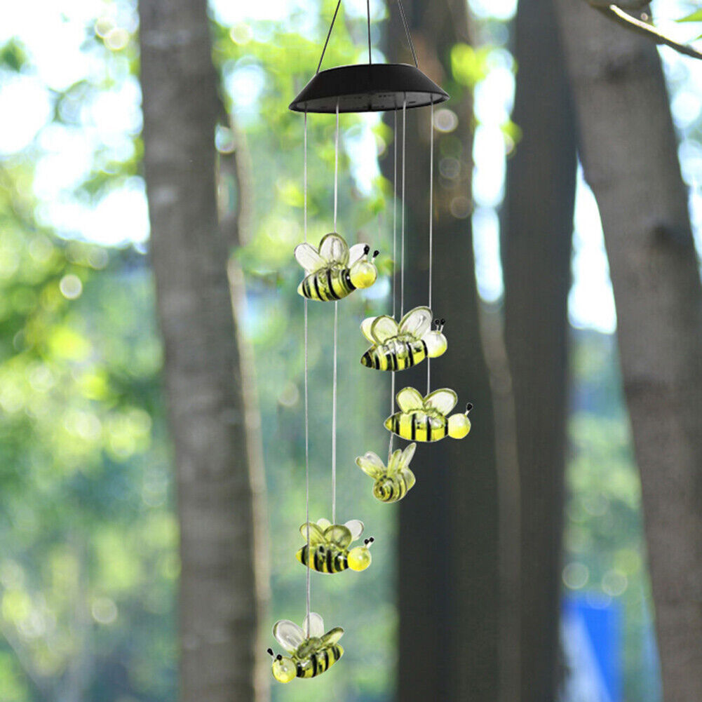 Honey Bee Wind Chime Solar Lamps Outdoor Hanging Pendant Light Garden Decor