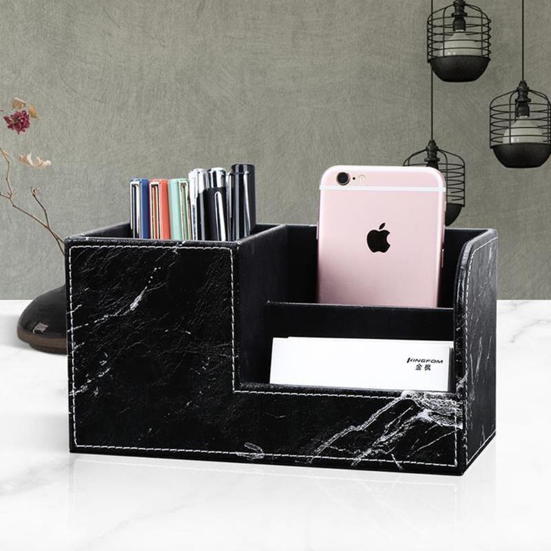 Black Marble Leather Desk Stationery Organizer Pen Pencil Holder Remote Control