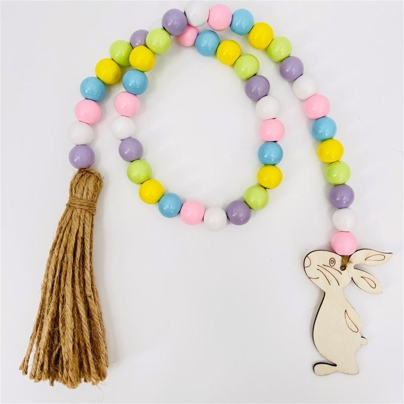 Easter Tassel Wood Bead Garland with Bunny Tag Beads String Pendant Hanging