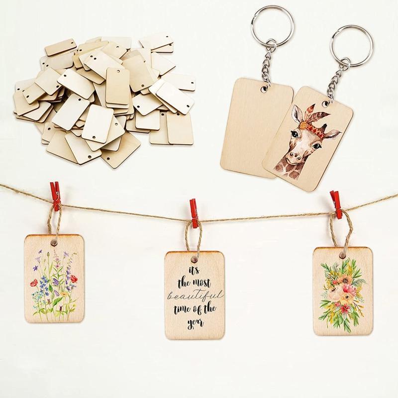 Blank Rectangle Shaped Wooden Keychain Set of 120 Unfinished Wood Chip Key Rings