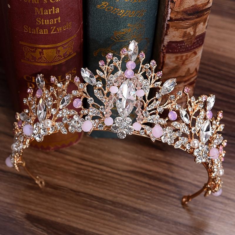 Bride Crown Luxury Wedding Tiara Bridal Women Pink Rhinestone Princess Headwear