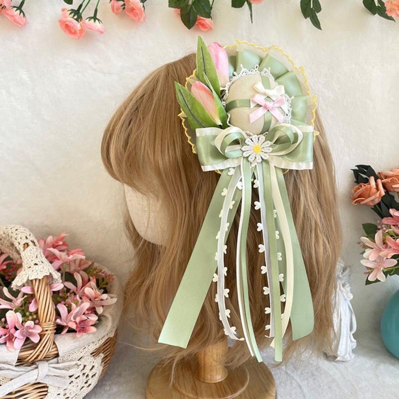 Lolita Green Tulip Hairpin Pink Flower Lace Top Hat Surprise Gift for Girlfriend