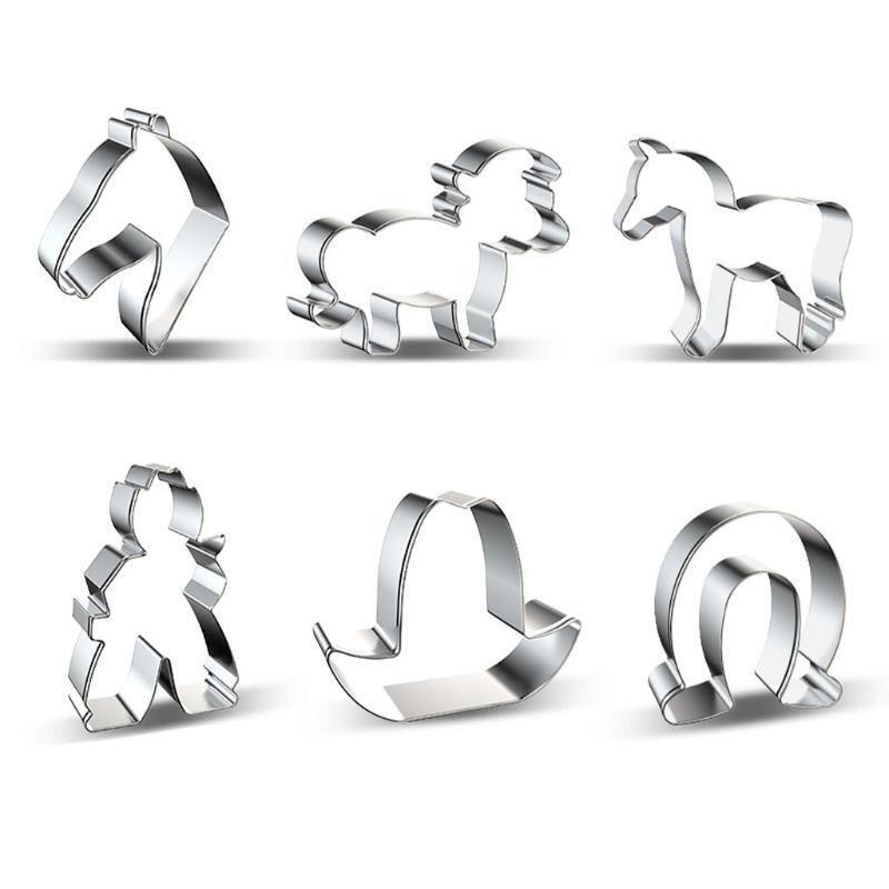 6 Pieces Stainless Steel Biscuits Cutters Cartoon White Horse Cowboy Cake Molds