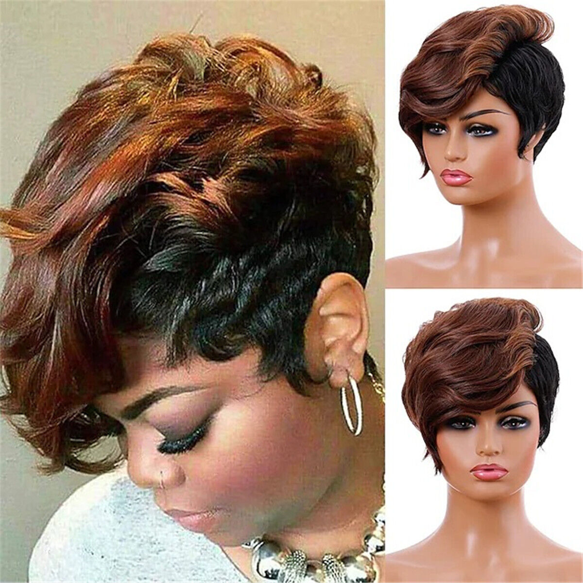 Short Black Wig with Mixed Brown Bangs Pixie Cut Wig Synthetic Hair for Women