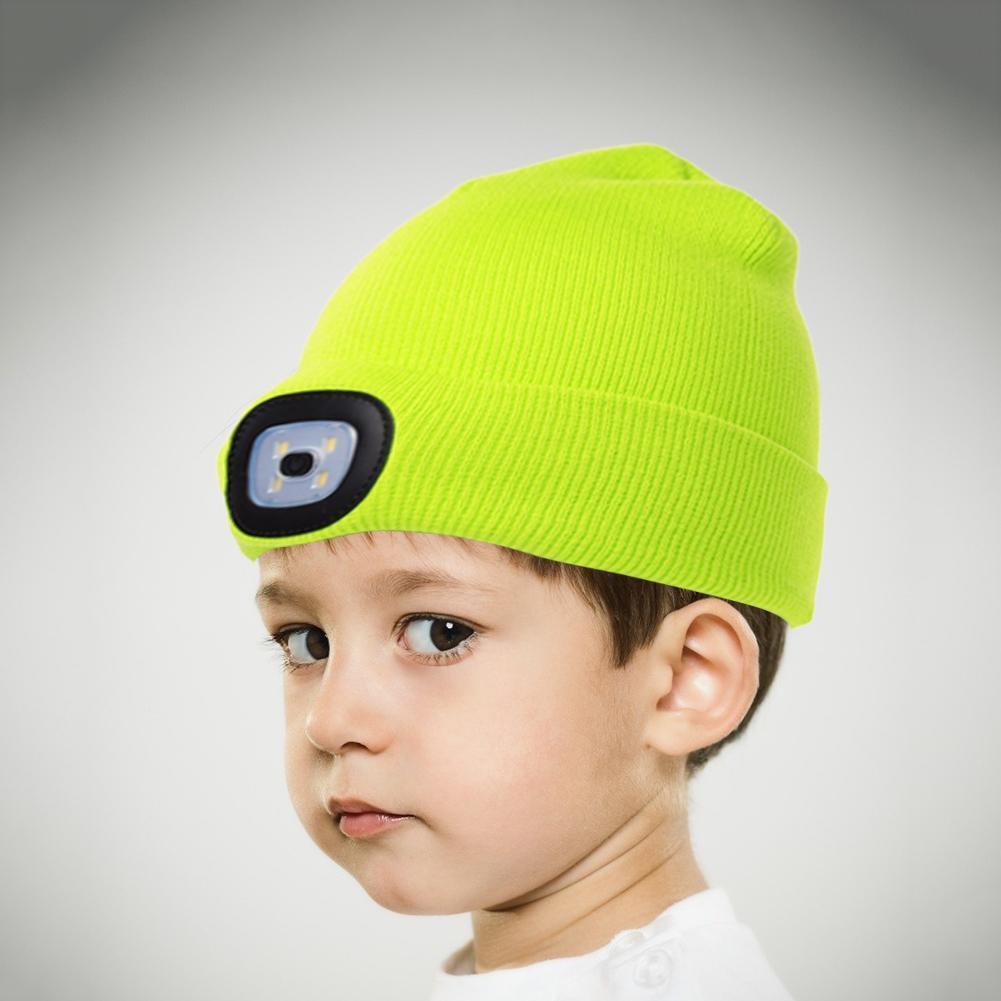 Winter Kids Knitted Beanie Hat with LED Light Fishing Cycling Cap (Green)