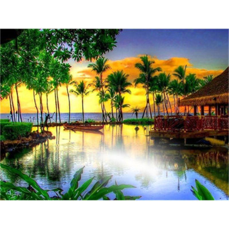 Coconut Tree Digital Oil Painting By Numbers Canvas Wall Picture DIY Home Decor