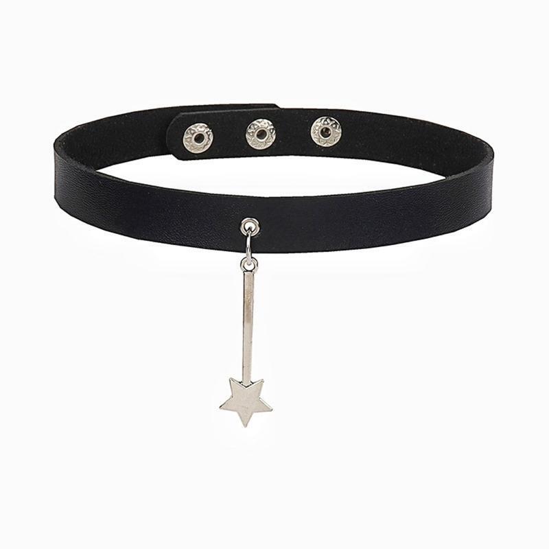 Adjustable Leather Choker Collar Soft Star Shaped Pendant Punk Choker Necklace