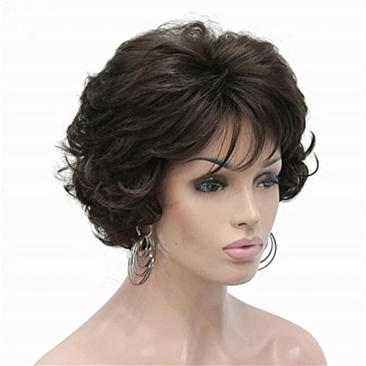 Women Ladies Fashion Short Curly Wig Natural Brown BOB Wavy Hair Wigs with Bangs