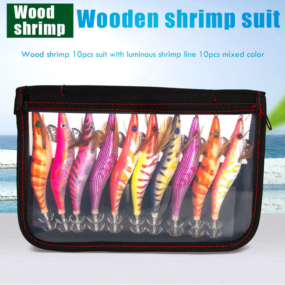10pcs Wooden Shrimp Jig Hook Squid Cuttlefish Jigging Lures Fishing Baits