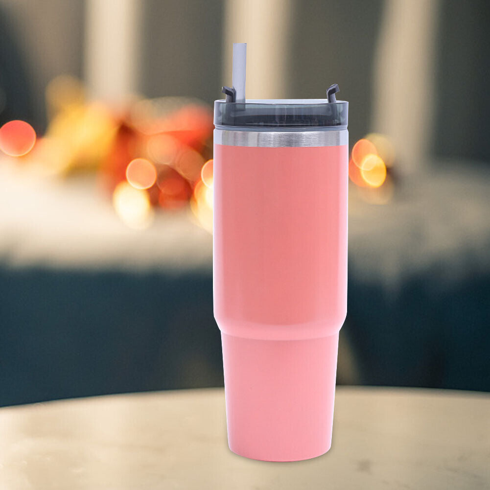Stainless Steel Coffee Mug with Straw Ice Cooler Thermal Water Cup (Pink)