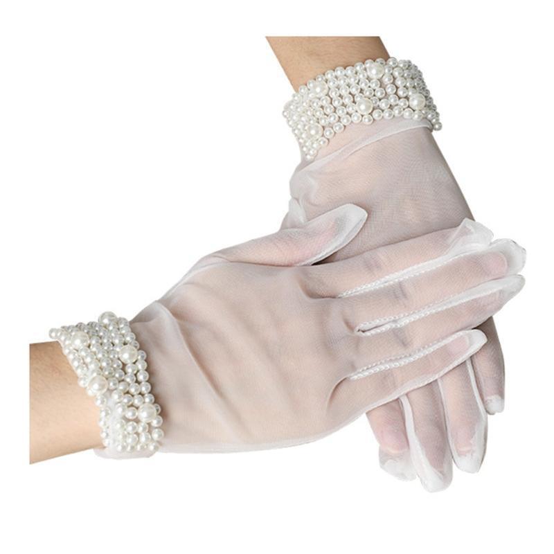 Bridal Gloves White Tulle with Beads Opera Party Short Gloves 8.6" Wrist Length