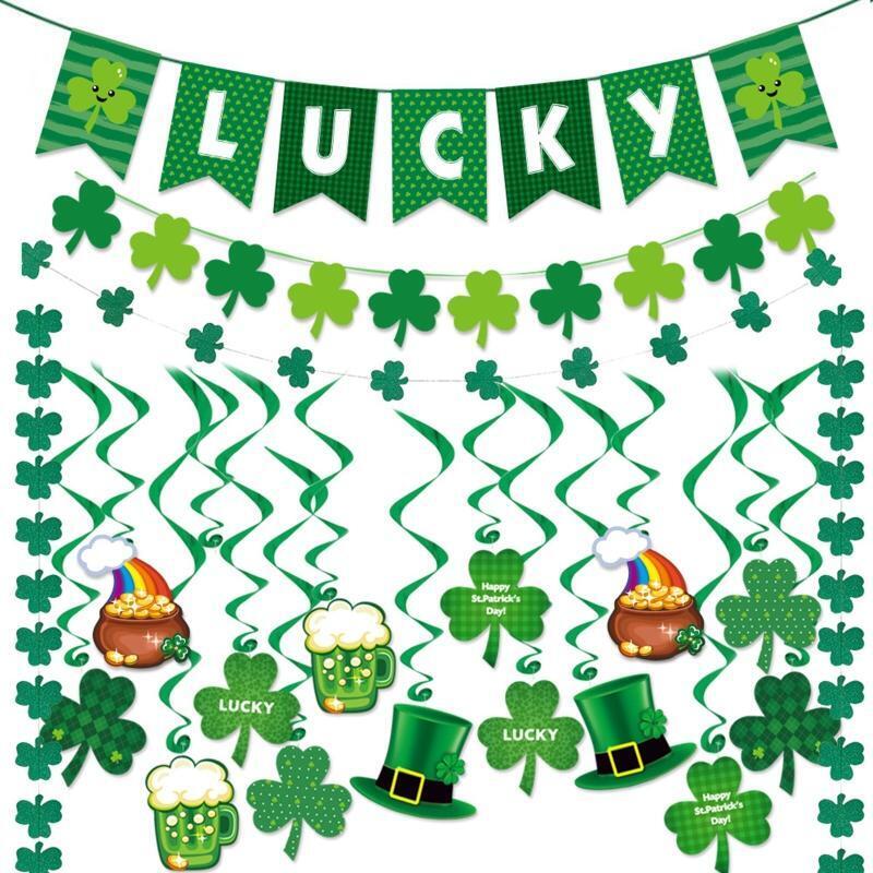St. Patrick 's Day Shamrock Clover Banner Swirl Pull Flag Kit Party Decor