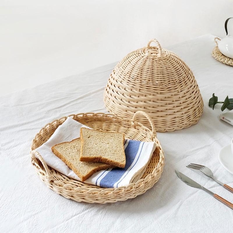 Handmade Woven Rattan Storage Tray with Cover Round Food Basket Display Case