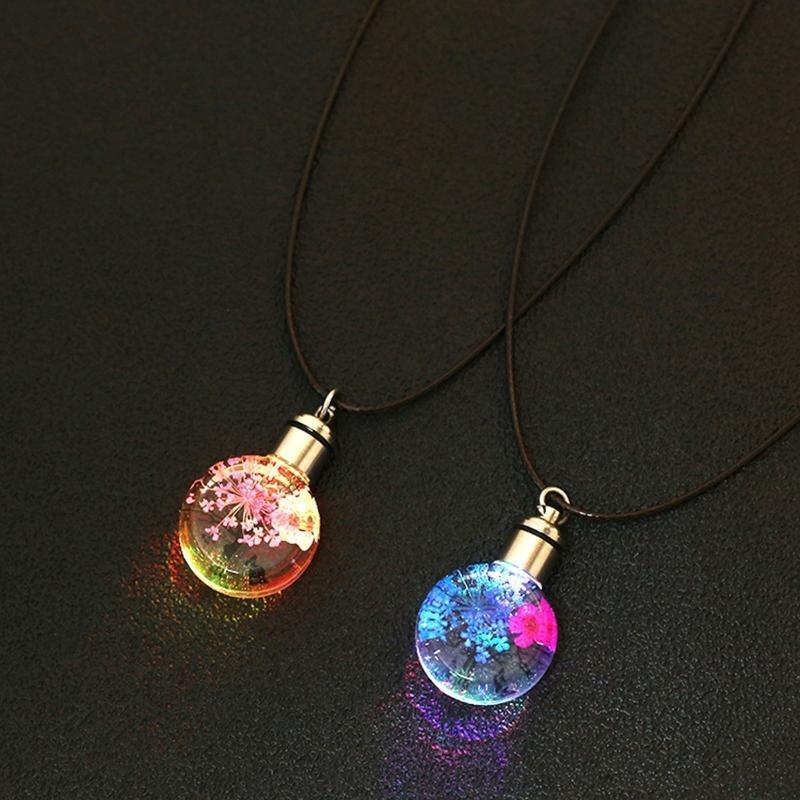 Pressed Natural Flower Pendant Rope Necklace Chain Luminous Jewelry for Women