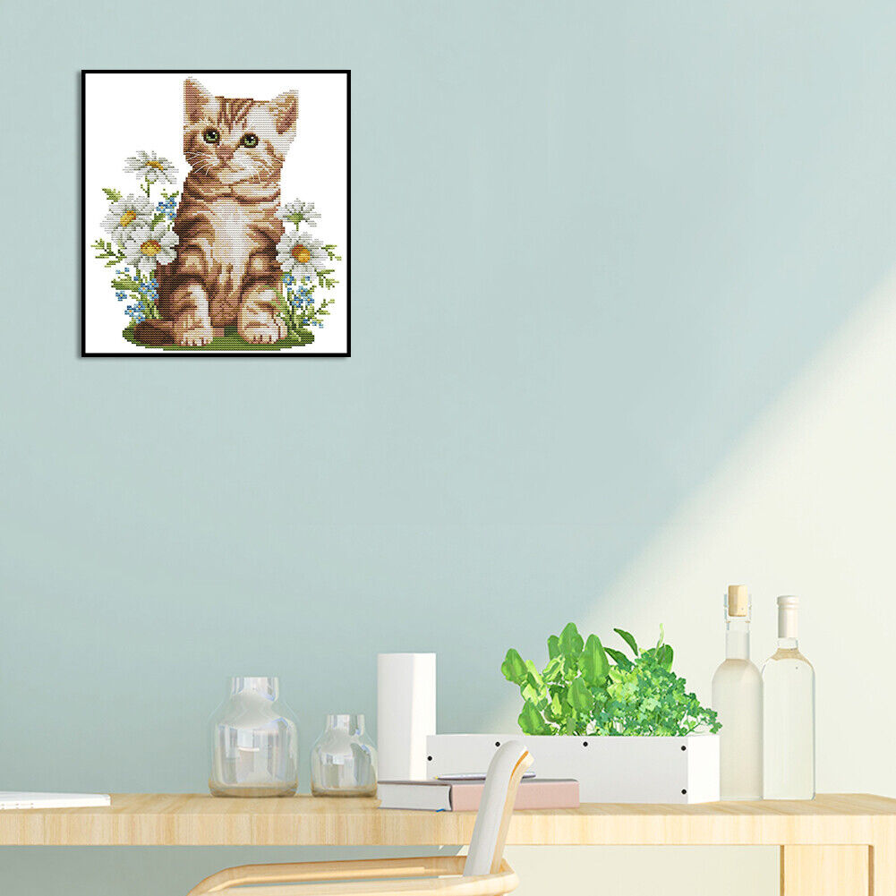 Flower Cat Partial Cross Stitch 14CT Counted Embroidery DIY Animal Crafts