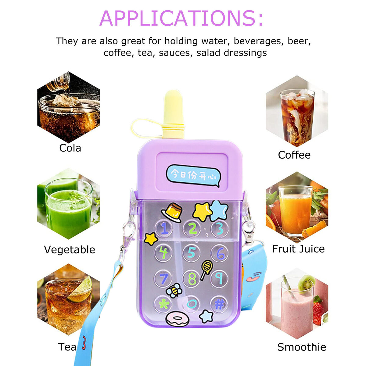 Phone Shaped Water Bottle with Straw & Adjustable Shoulder Straps (Purple)