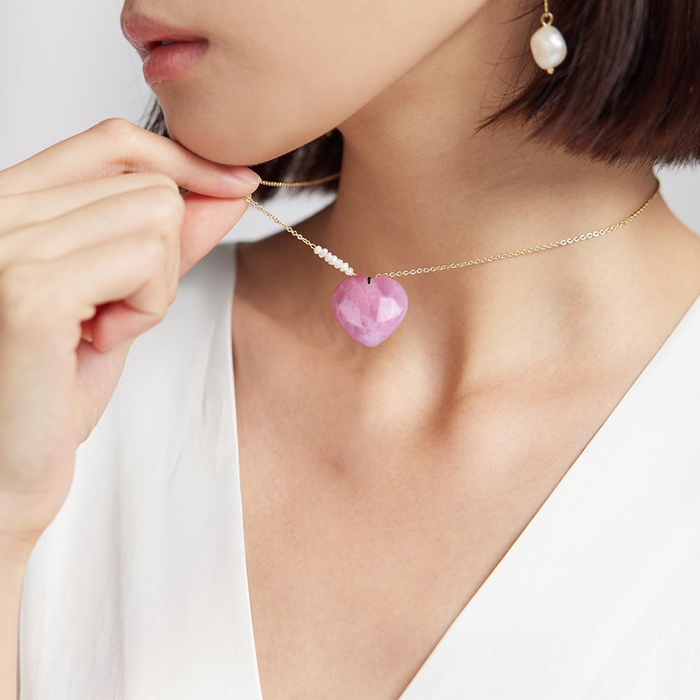 Energy Healing Magic Wand Gift Heart Pendant Jade Gem Pink Crystal Necklace