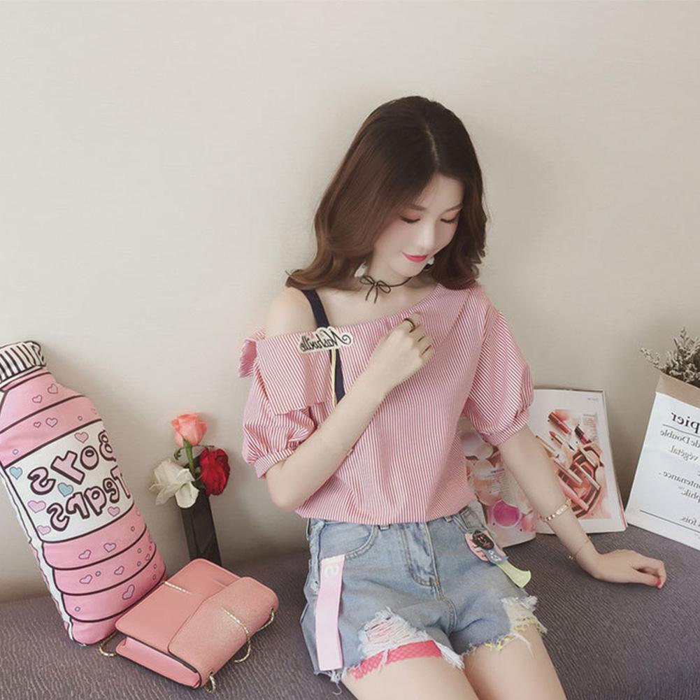 Fashion Women Short Sleeve Stripe Off Shoulder Loose T-Shirts Tops (Pink M)
