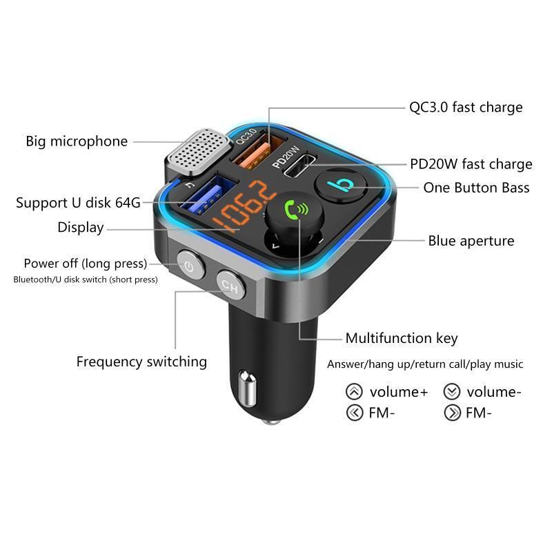 USB QC3.0 PD20W Adapter AUX Audio Stereo Music Player Car Receiver Noise Cancell