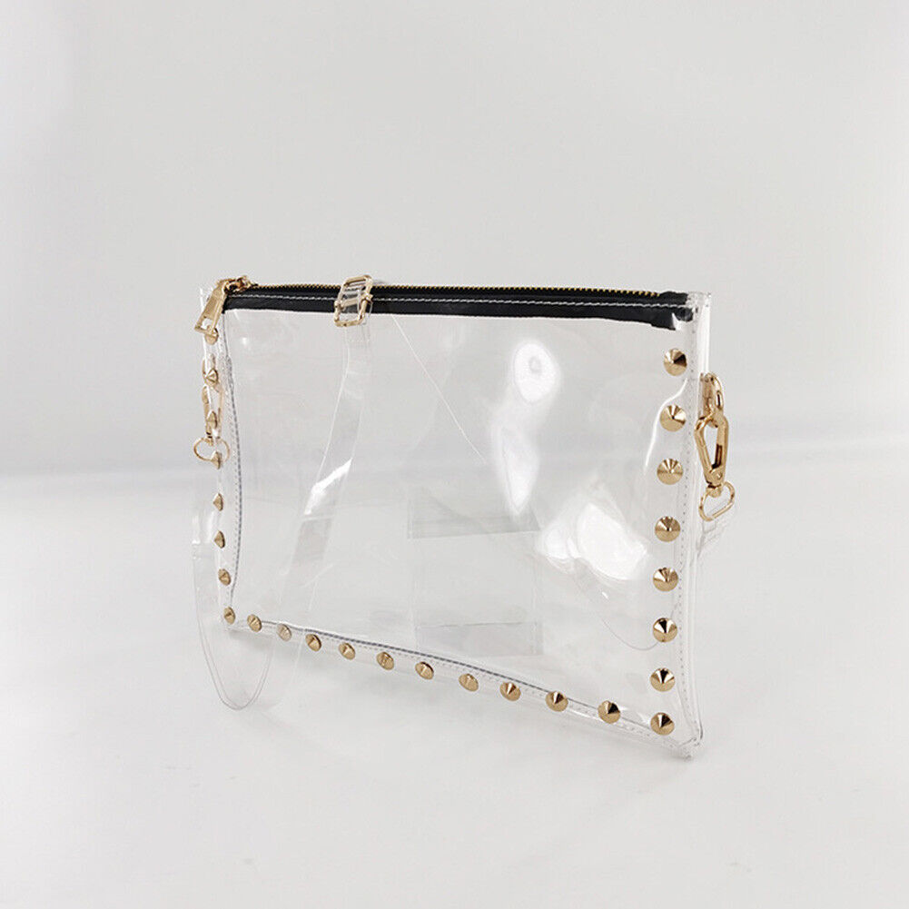 Women PVC Clear Shoulder Bag Lady Rivet Zipper Stadium Approved Handbag