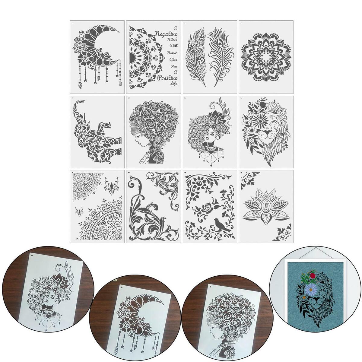 12 Pieces Mandala Stencil Reusable Painting Template for  Fabric