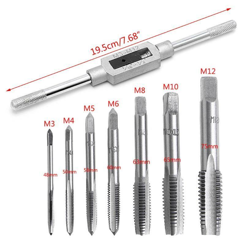 8 Pcs Hand Screw Thread Metric Plug Tap Set M3-M12 With Adjustable Tap Wrench