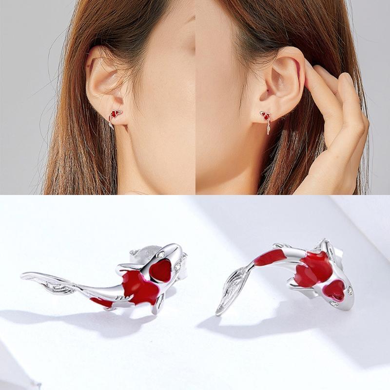 Lucky Koi Red Enamel Stud Earrings Fish Ear Studs Valentine's Day Jewellery Gift