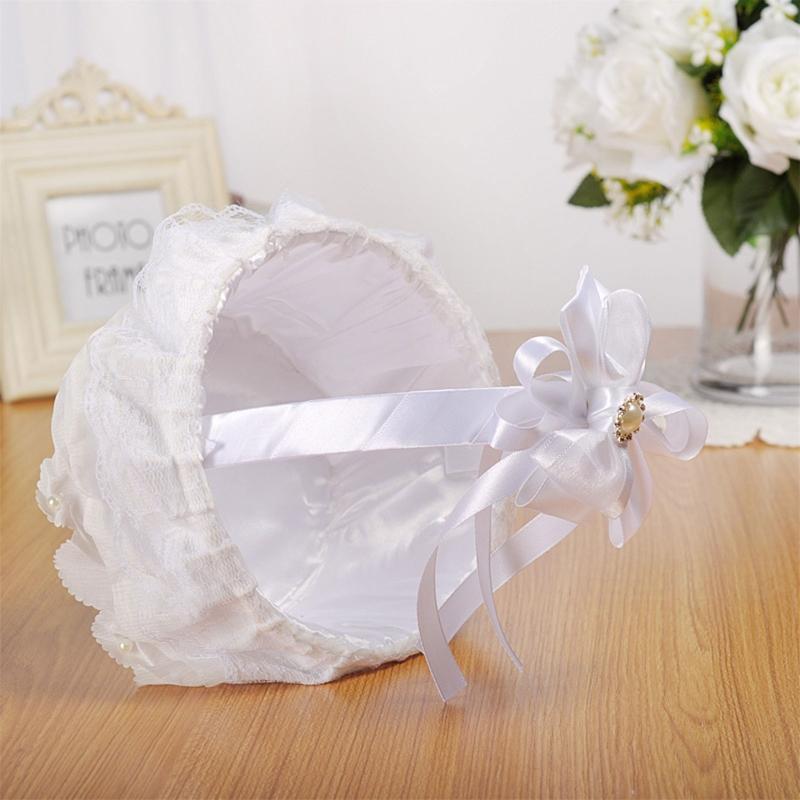 Flower Basket for Wedding Ceremony Small Satin White Flower Girl Baskets