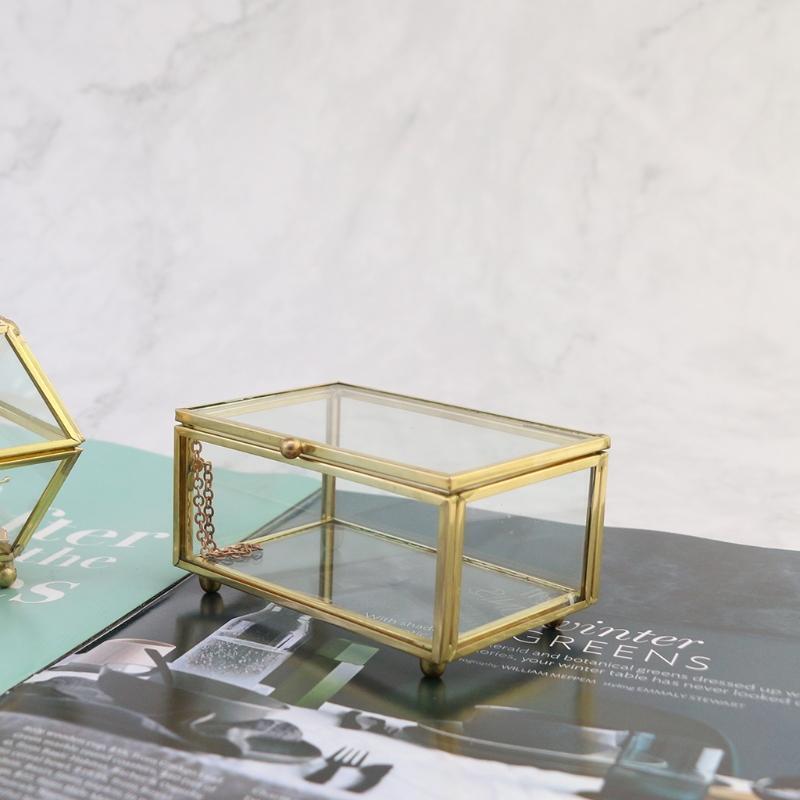 Clear Glass Rectangular Metal Jewelry Box Decorative Slanted Top Lid Shadow Box