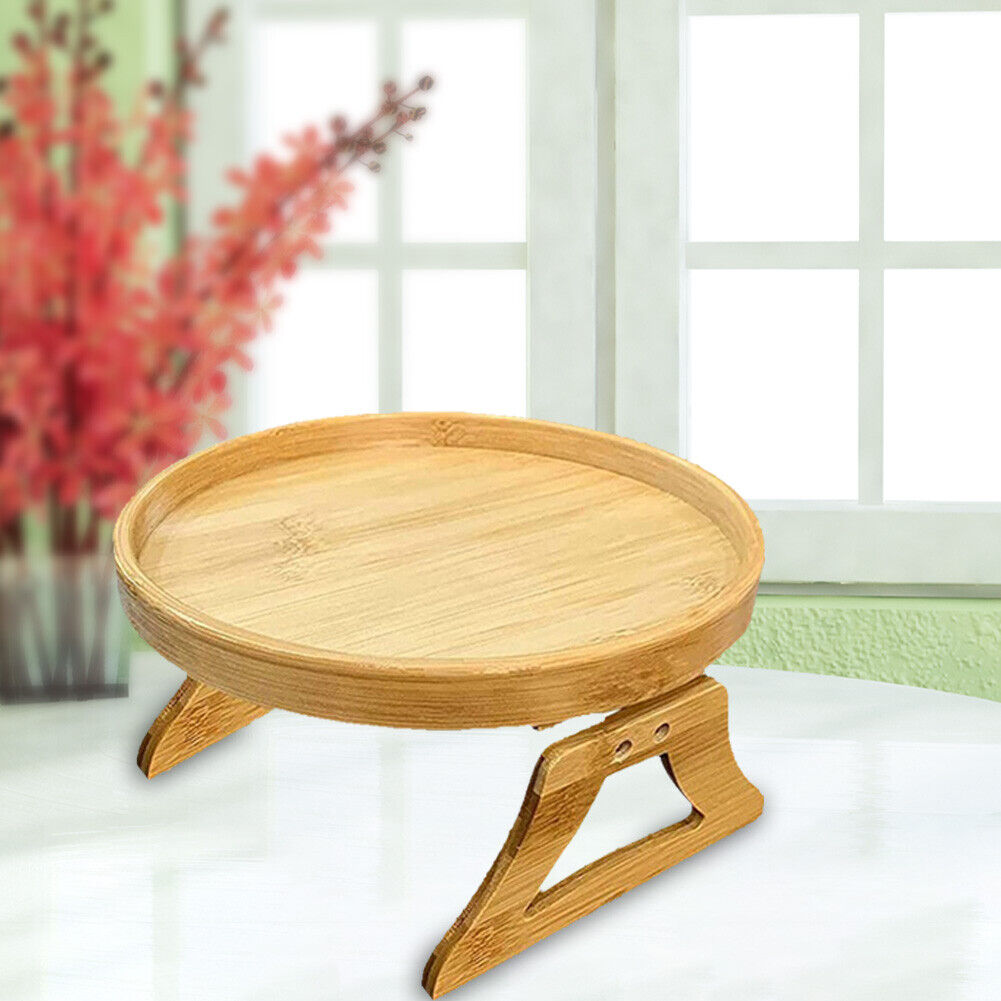 Round Bamboo Wood Tray Foldable Portable Sofa Armrest Breakfast Tea Table