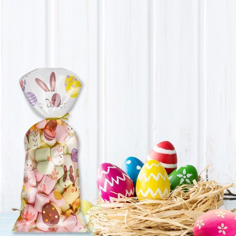 100 pcs Treat Bags with Twist Ties Holiday Goody Easter Theme Bunny Egg Pattern